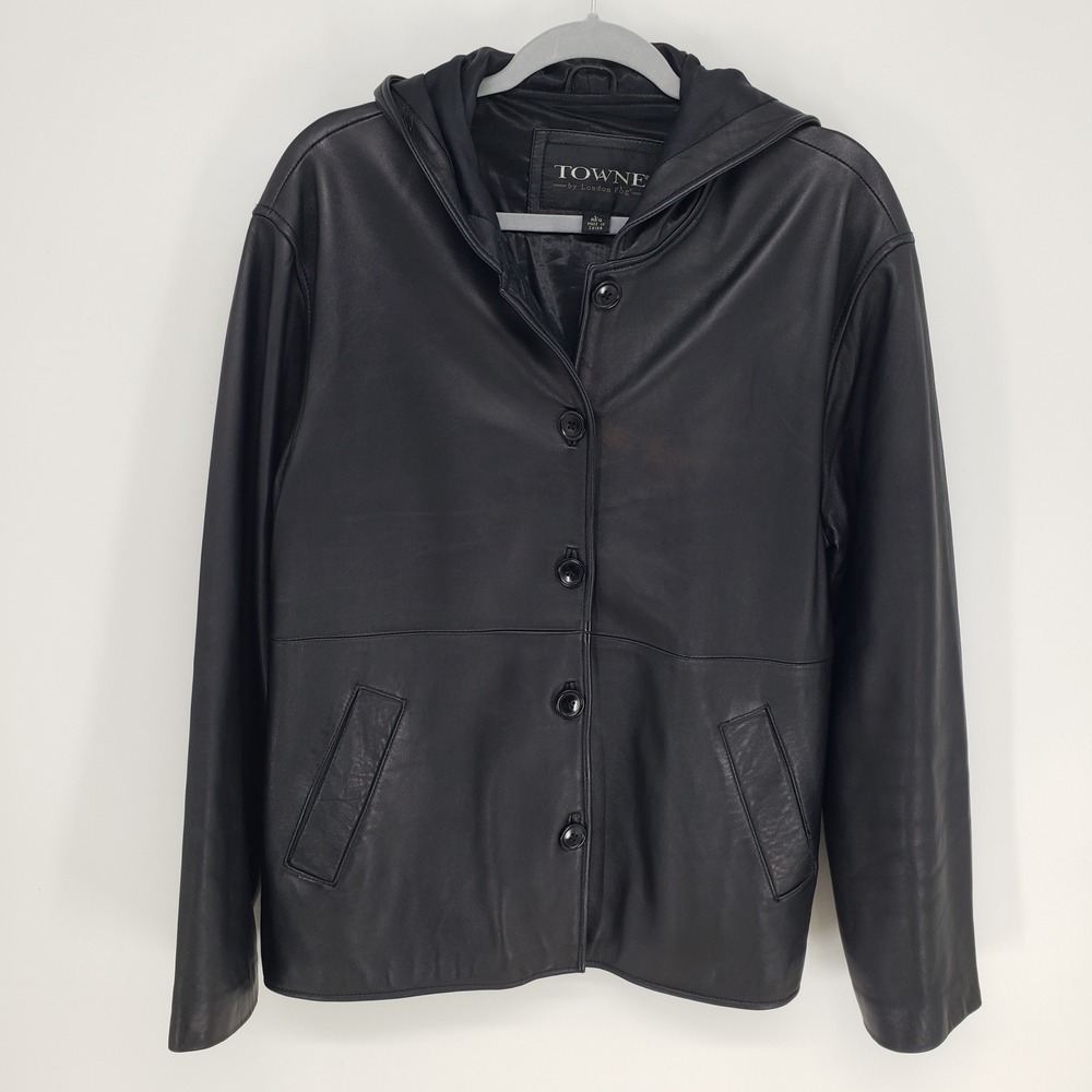 Towne by London Fog Genuine Leather Hooded Jacket Women L Black Button Front 90s
